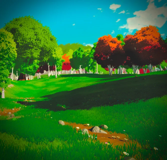 A bright stylised woodland with green and orange trees beside a stream