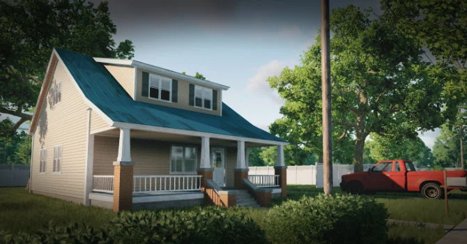 Generated two-storey house with a porch, trees and a red pickup truck