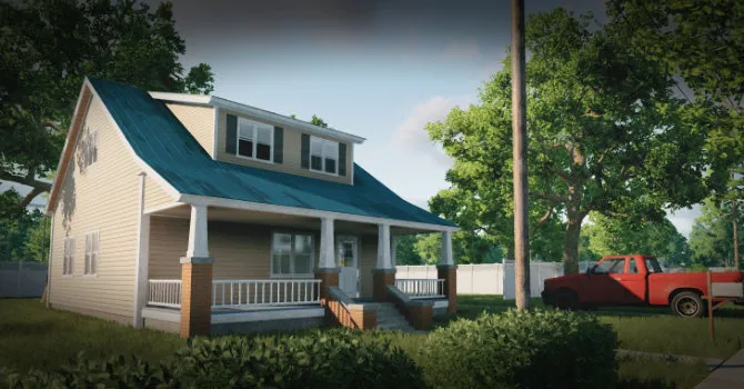 A generated two-storey house with a porch, surrounding trees and a red pickup truck