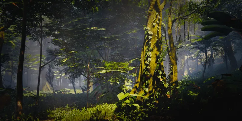 Lush tropical jungle environment with palms and dense foliage