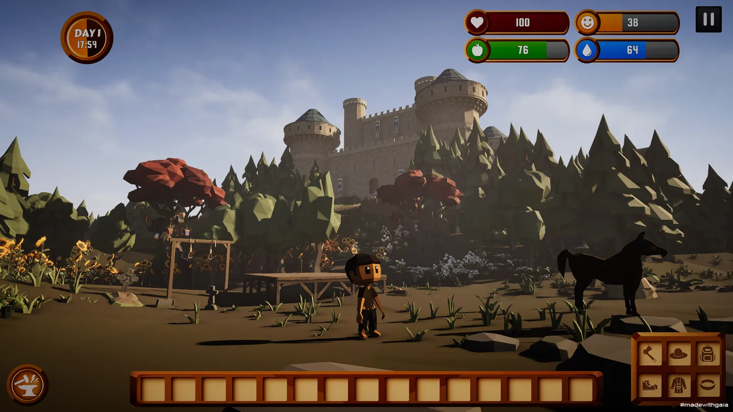 A low-poly character and horse in a forest clearing below a castle, with the game's interface visible.