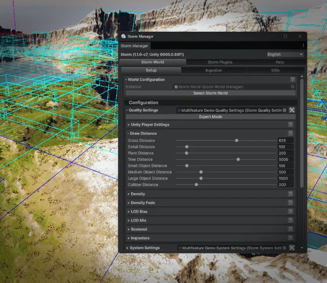 Storm Manager in Unity with world configuration, draw distance and density controls over a tiled landscape