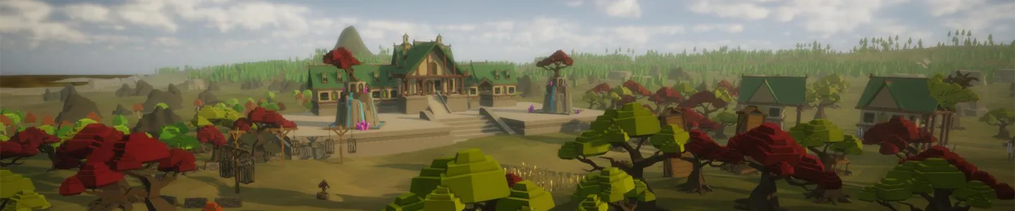 A stylised town with green rooftops, colourful trees and a road running through its centre.