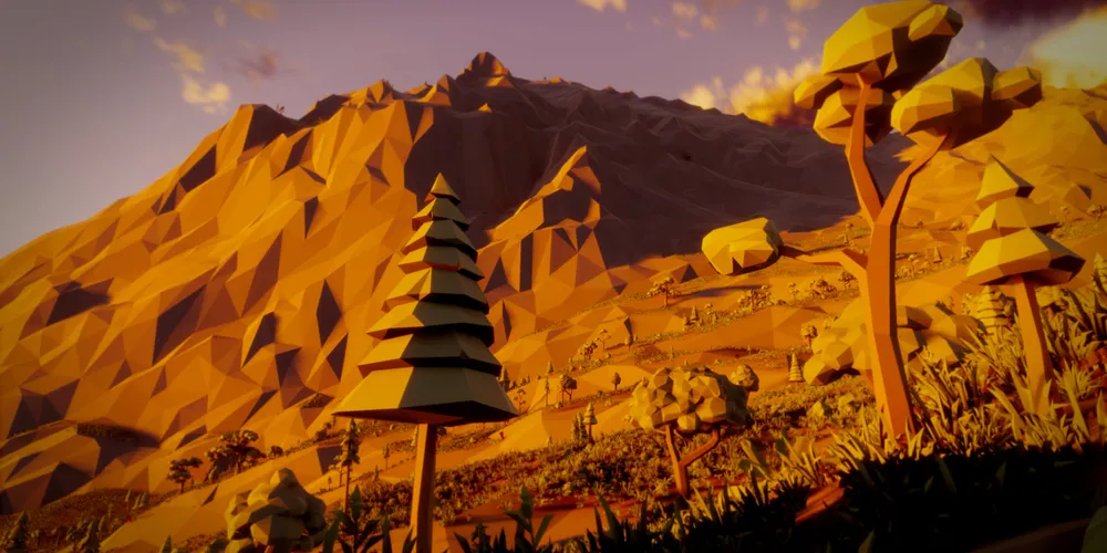 Golden low-poly landscape with stylised trees and mountains