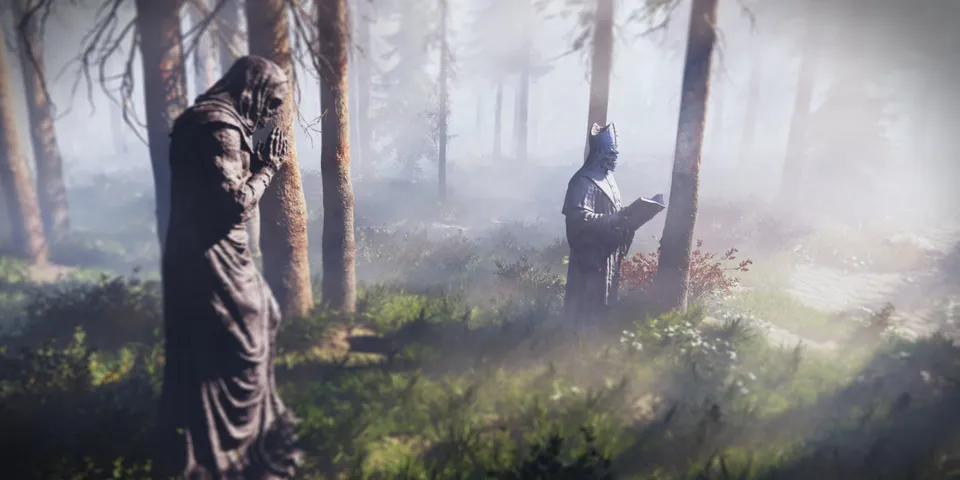 Ancient stone statues in a sunlit forest